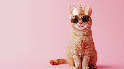 Royal ginger cat wearing a shiny crown and sunglasses on a pink background, perfect for humorous pet promotions, greeting cards, and playful creative designs