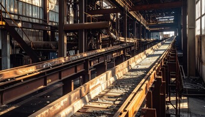 Industrial Warehouse Interior with Rusty Conveyor Belt and Sunlight