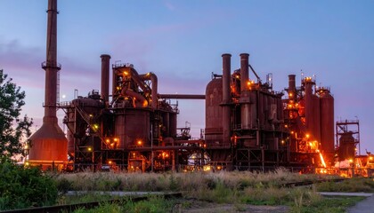 Fototapeta premium Industrial Plant at Dusk with Lights and Smoke in Urban Landscape