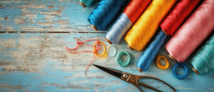 Spools of colorful thread lay alongside scissors, creating visual texture and pattern on old wooden surface.