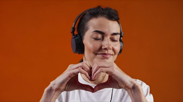 Smiling woman enjoying music with headphones, making heart gesture with hands on orange background


