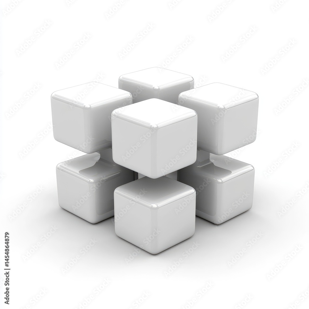 Poster interlocking white cubes form a complex geometric structure.