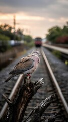 White dove on leaning post by railway at sunset with distant blurred train
