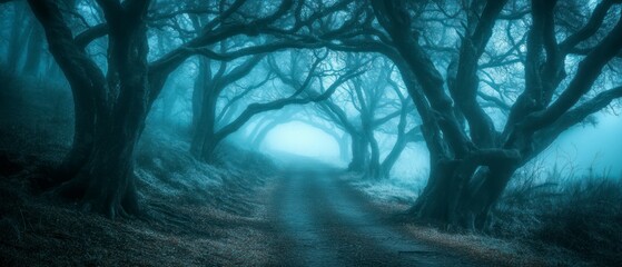 Trees form eerie tunnel over misty road creating desolate, shadowy atmosphere.