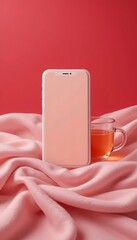 Elegant Smartphone and Tea Scene on Bold Red and 
 Pink Background – High-Contrast Product Mockup