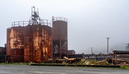 Obraz premium Rusty Industrial Tanks Near Foggy Logging Site in Rural Landscape