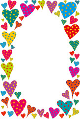 colorful polka dot hearts frame vector illustration, fun vibrant love border valentines day romantic design, copy space in the center, isolated white background