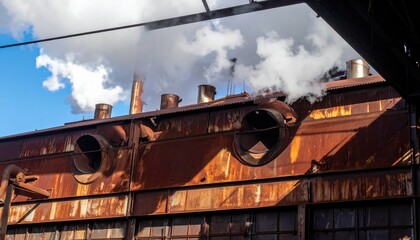 Rusty Industrial Building with Steam and Blue Sky in Background