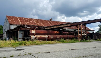 Abandoned Industrial Facility with Rusty Structures and Clouds