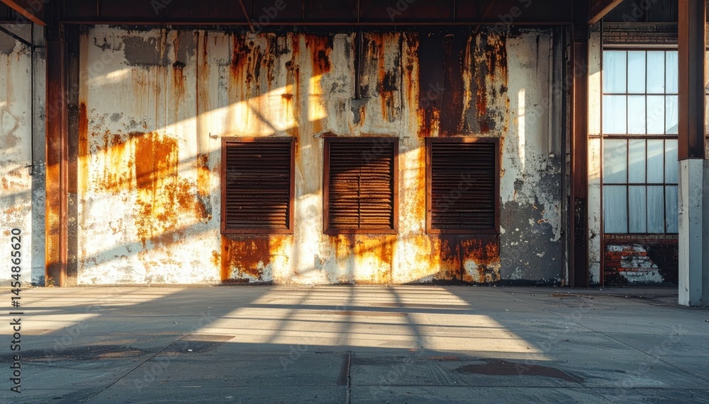 Poster urban decay of a weathered warehouse with rust patterns and shadows