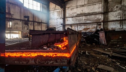 Abandoned Industrial Space with Glowing Molten Metal Flowing Inside