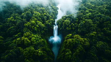 Aerial view of lush green rainforest and a stunning waterfall. Ideal for travel websites nature blogs and environmental campaigns promoting conservation.