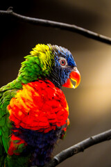 Rainbow Lorikeet (Trichoglossus moluccanus) flaunting scarlet, emerald and cobalt feathers with inquisitive gaze while perched on a slender branch