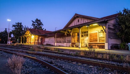 Charming Vintage Train Station at Twilight with Warm Illuminations