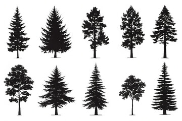 Pine and fir silhouettes collection. Forest and park trees. Side view. Monochrome vintage style. Nature vector clipart set. Isolated on white background  PNG