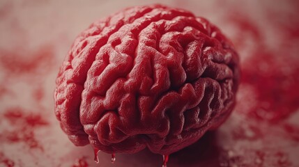 A detailed close-up of a blood-red brain, dripping with crimson fluid