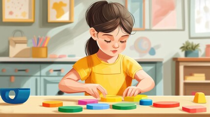 young girl playing color sorting and fine motor skill toy at hom illustration , no logos, no brands