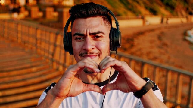 Smiling man listening to music with headphones, making heart gesture with hands outdoors at sunset