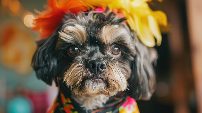 Close up portrait of a shih tzu dog wearing a colorful floral scarf and feather headdress indoors