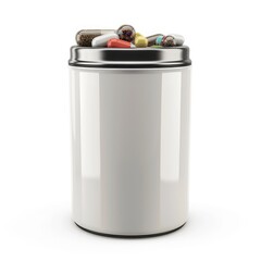 White metal container holding assorted pills and capsules.