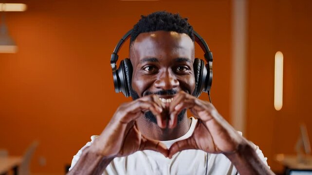 Cheerful young man listening to music with headphones, making heart gesture with hands in modern