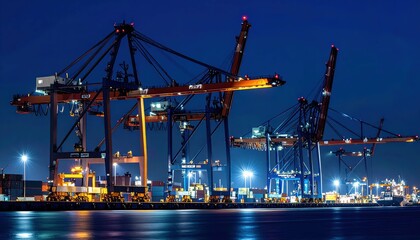 Obraz premium Night View of Container Terminal with Cranes and Bright Lights