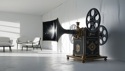 A vintage-style projector displays a mesmerizing nebula image in a minimalist white room. The contrast of old and new technology creates a captivating scene.