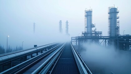 Obraz premium Foggy Industrial Landscape with Pipes and Towers in Morning Light