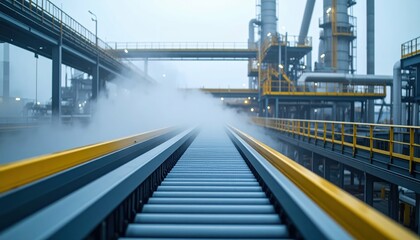 Industrial Facility with Smoke and Metal Tracks in Manufacturing Site