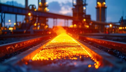 Glowing Molten Metal Flowing on Industrial Rail Tracks at Sunset