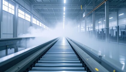 Fototapeta premium Industrial Conveyor Belt in Modern Factory with Mist Effects