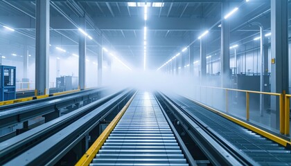 Fototapeta premium Mystical Warehouse with Fog and Illuminated Tracks in Industrial Space