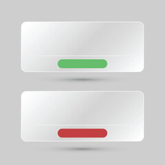 Obraz premium Two horizontal banner size glass like panels with a green and red bar at the center bottom, symbolizing approval and rejection, placed on a clean gray background in a minimalist interface style.