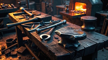 Close-up of blacksmith tools on a rustic workbench, illuminated by the warm glow of a nearby forge. The scene evokes a sense of craftsmanship and tradition.