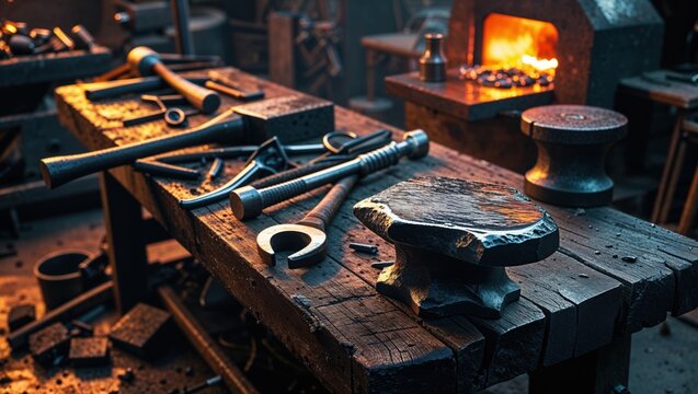 Close-up of blacksmith tools on a rustic workbench, illuminated by the warm glow of a nearby forge. The scene evokes a sense of craftsmanship and tradition.