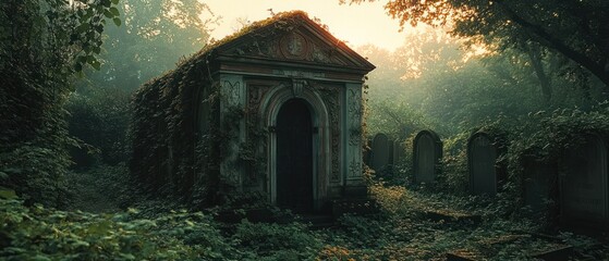 Mausoleum stands shrouded in ivy, overlooking gravestones, signifying legacy of history.