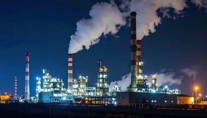 Industrial Power Plant at Night with Emissions and Bright Lights