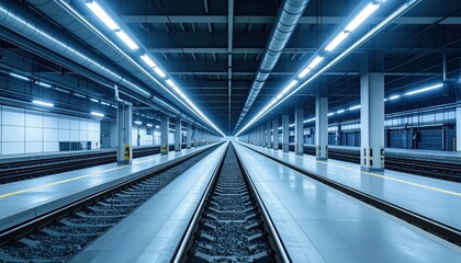 Naklejka premium Modern Train Station Platform with Empty Railway Tracks Perspective