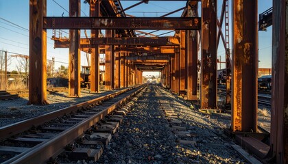 Abandoned Railway Structure with Rusty Metal Beams and Tracks