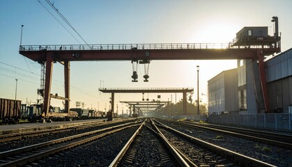 Fototapeta premium Industrial Landscape with Cranes and Railway Tracks at Sunrise