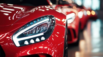 Close-up of red luxury cars lined up in a showroom, highlighting headlights and front views, ideal for auto sales, marketing, and vehicle promotion.