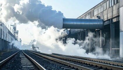 Industrial Factory with Smoke Emission and Railway Tracks at Sunrise