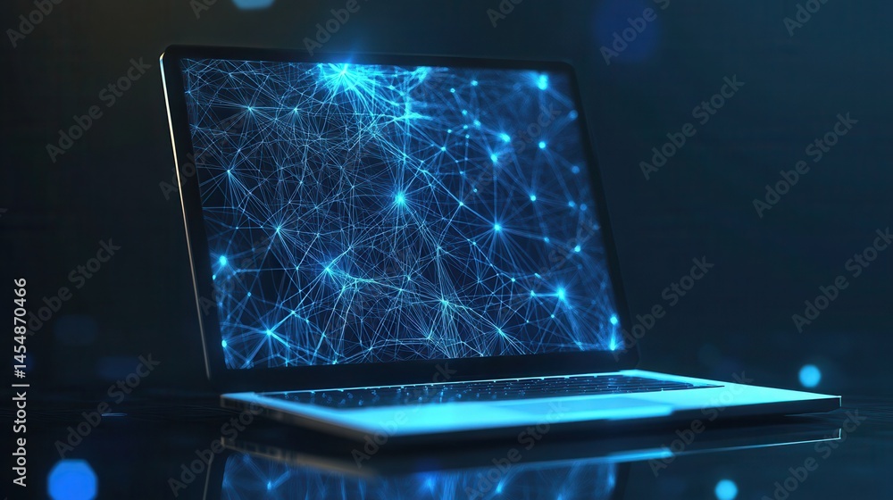 Fototapete An abstract laptop design is presented in a low poly style, featuring a blue geometric background with wireframe light connection structures in a modern 3D graphic concept.