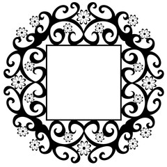 A rectangular black frame decorated with a beautiful unusual pattern with flowers on a white background