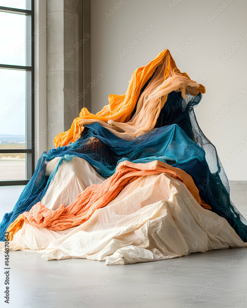 Poster an abstract sculpture composed of draped fabric and netting resembling a mountain or layered form. g