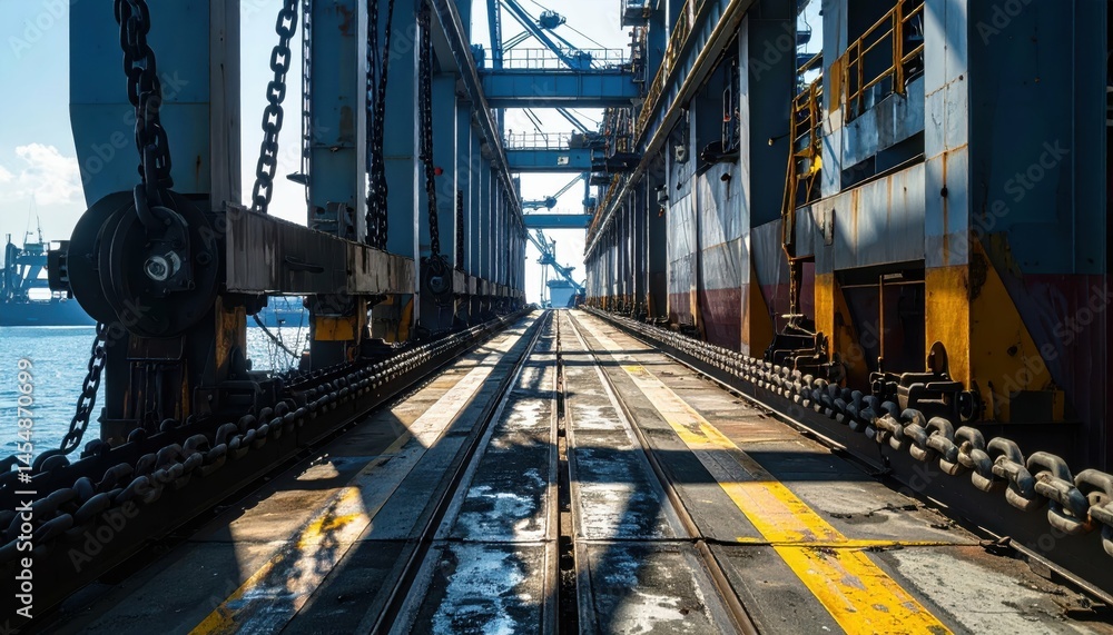 Poster perspective view of industrial dock with crane structures and rails