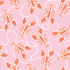 Pink lobster seamless pattern decorated curved line. Cute summer coastal print, ocean beach vibes, repeat background, abstract ornament with sea animal. Vector illustration.