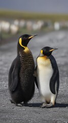 Two emperor penguins standing next to each other on a gravelly path, their plumage detailed under natural lighting.