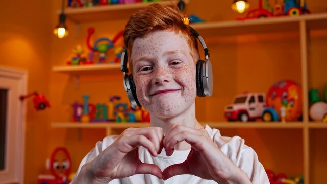 Happy red-haired boy listening to music with headphones, making heart gesture with hands in colorful playroom
