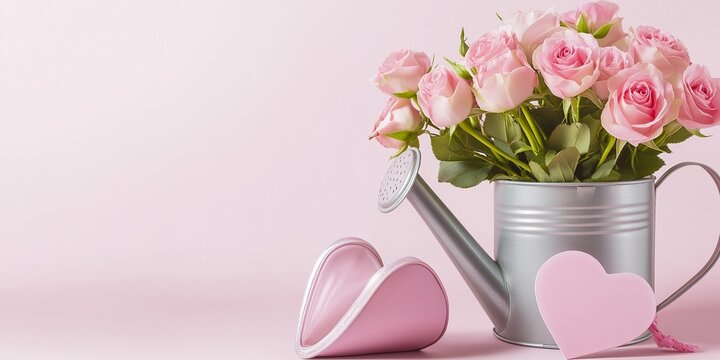 pink tulips in watering can